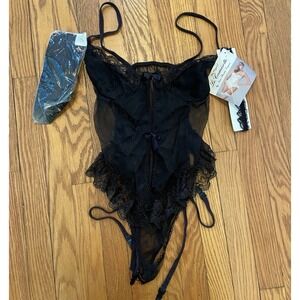 NWT Vintage Nan Flower Baby Doll Teddy Lingerie Black Garters Pinup Stockings